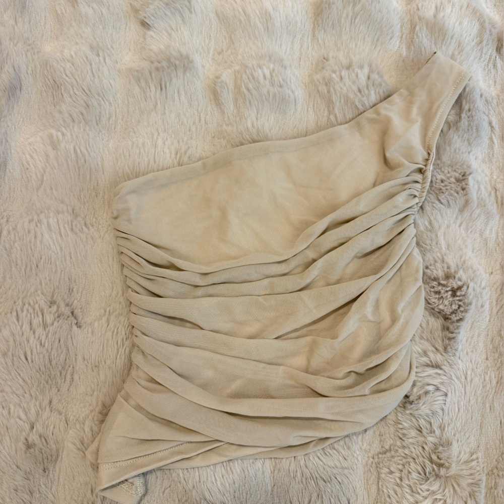 Beige Ruched One-Shoulder Top